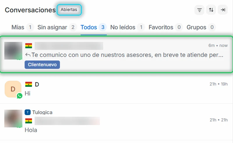 La conversación en la bandeja principal con el último mensaje de la IA y la etiqueta Clientenuevo