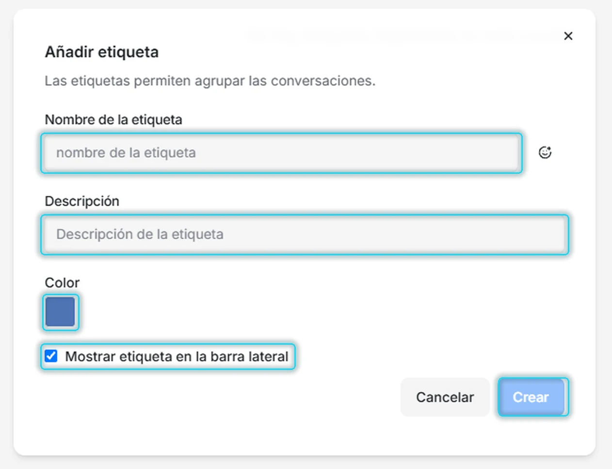 Formulario para crear una etiqueta con nombre, descripción, color y la casilla de barra lateral