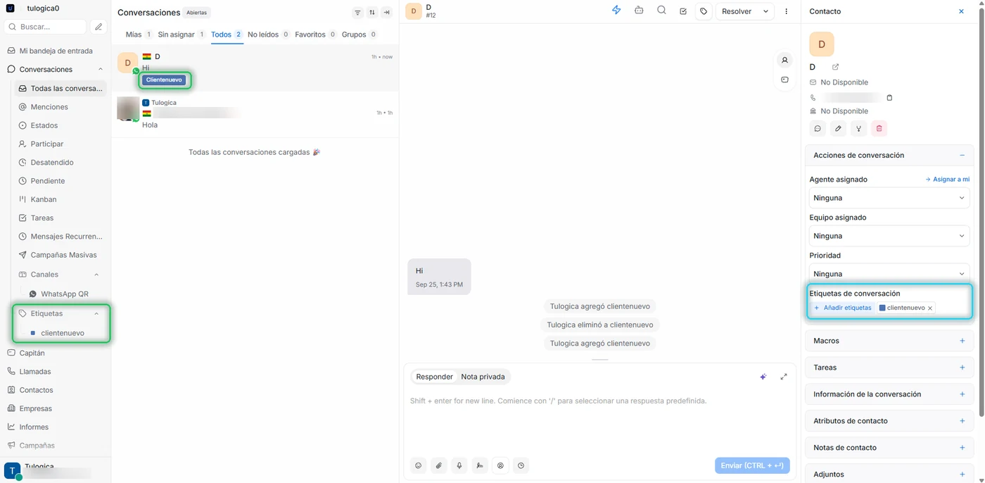 Conversación etiquetada, con la etiqueta visible en la lista, en el menú lateral y en el panel derecho