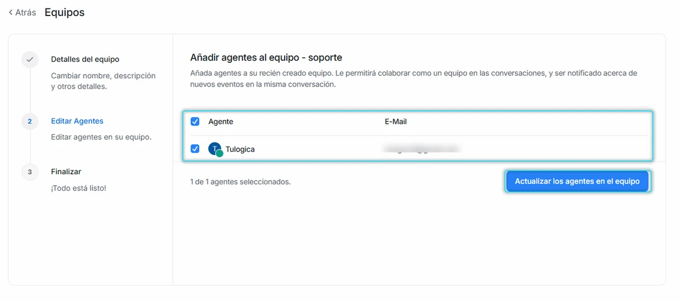 Paso 2: lista de agentes con casillas para añadirlos al equipo