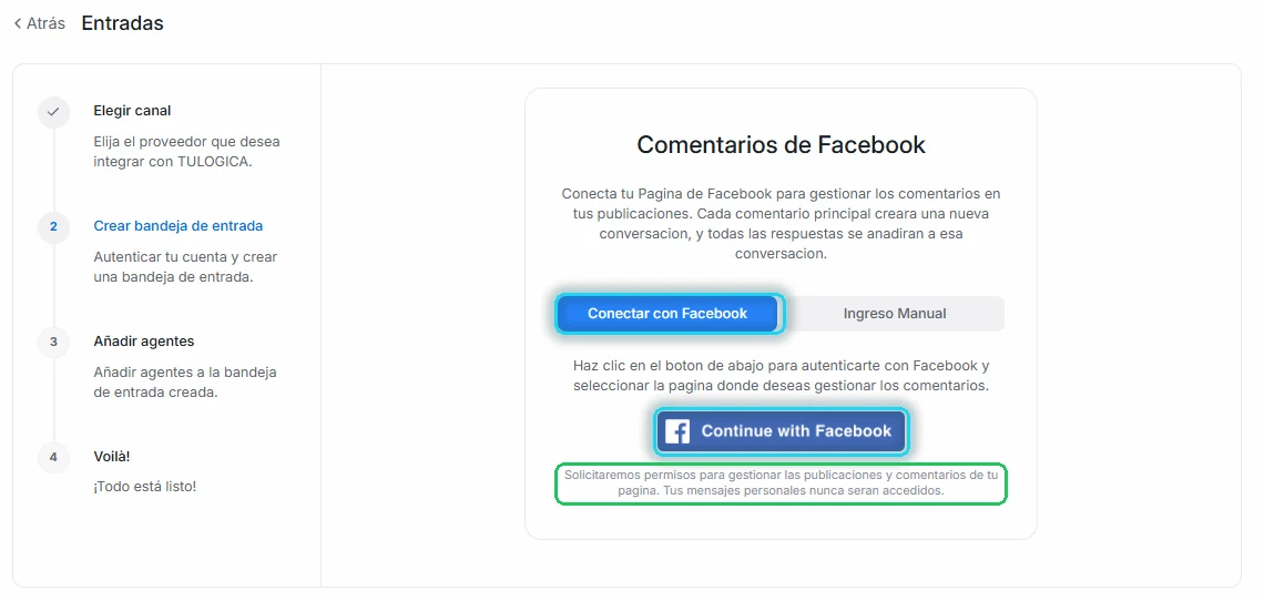 Pantalla Comentarios de Facebook con la pestaña Conectar con Facebook y el botón Continue with Facebook señalados