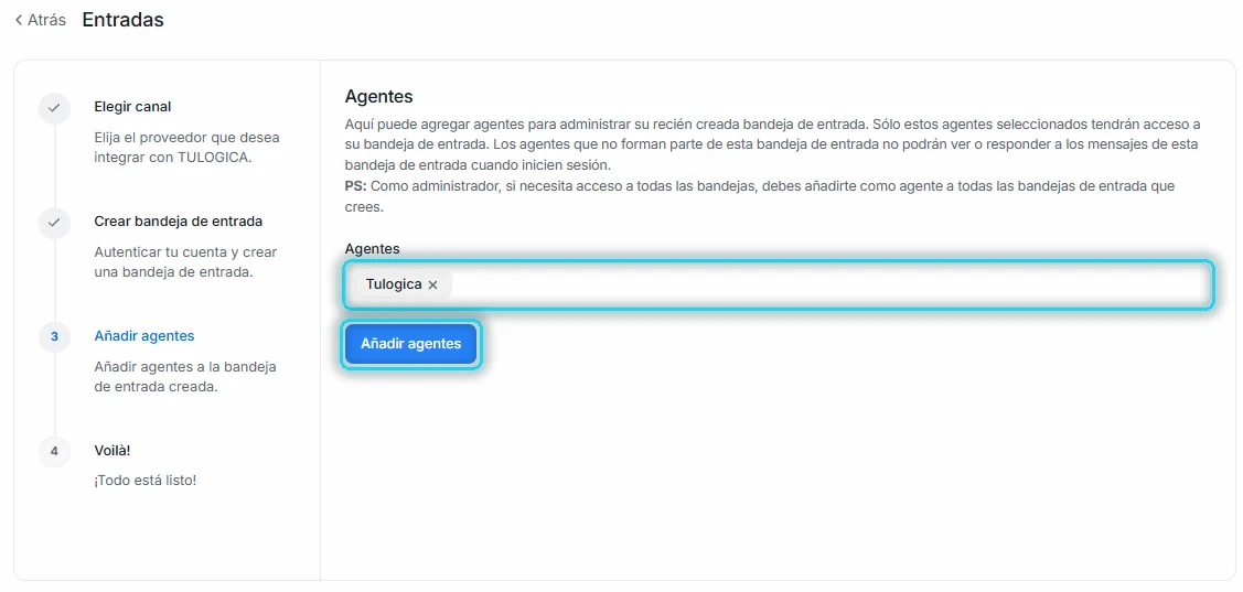 Paso Añadir agentes con el selector y el botón Añadir agentes señalados