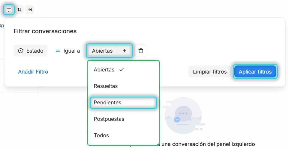 Ventana Filtrar conversaciones con la condición Estado y la lista de estados desplegada