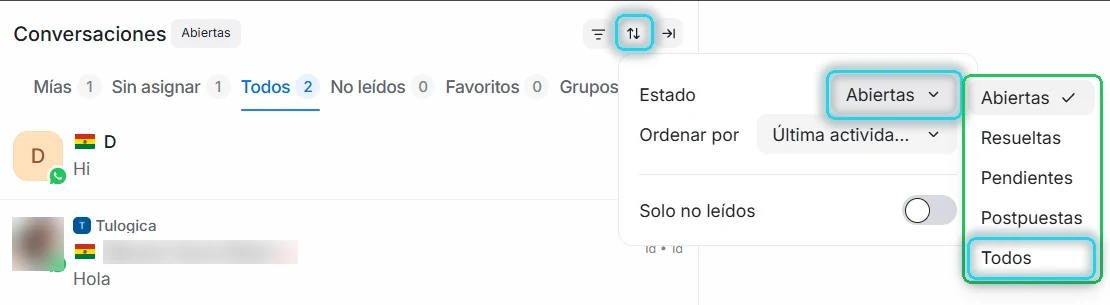 Menú del botón ordenar con el desplegable de Estado abierto y la opción Todos señalada