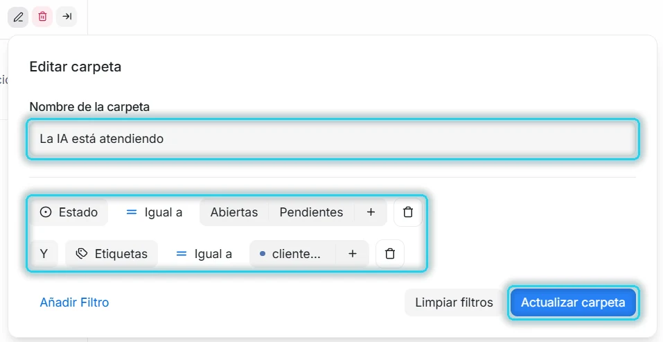 Ventana Editar carpeta con el nombre, las condiciones y el botón Actualizar carpeta