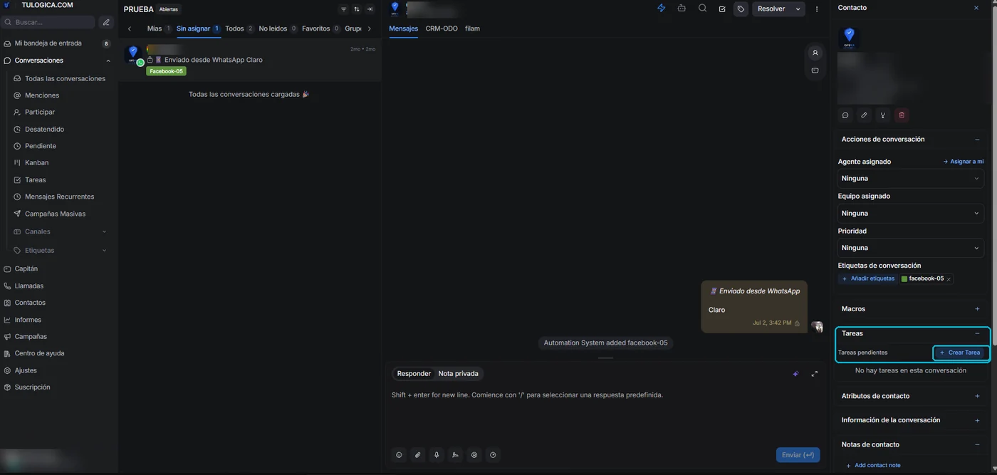 Panel derecho de una conversación con la sección Tareas y el botón Crear Tarea señalados