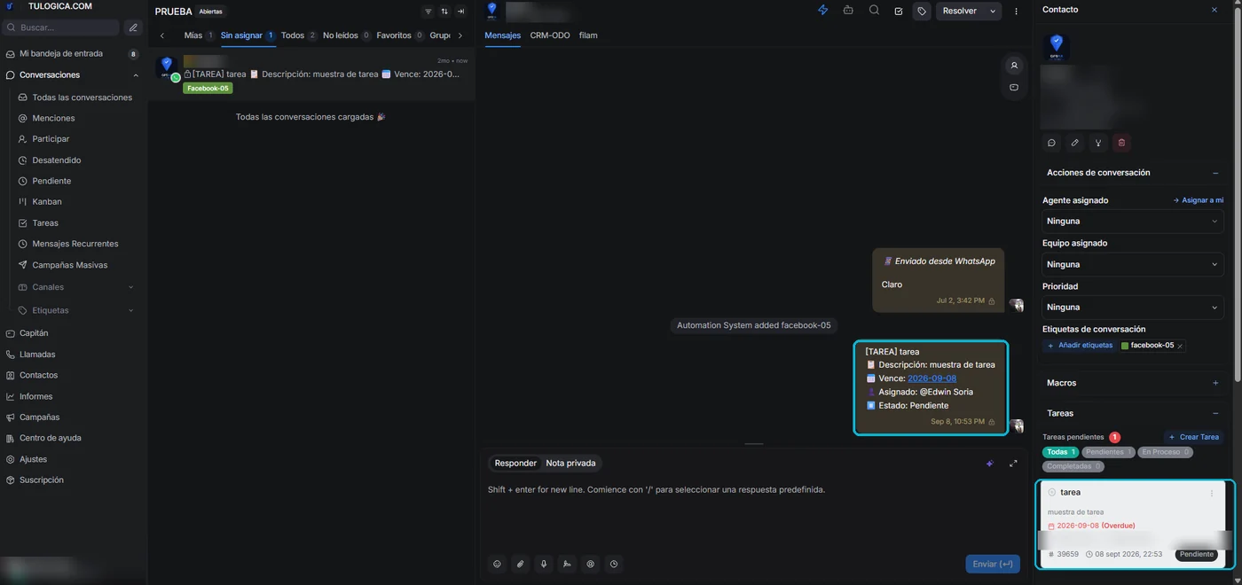 Conversación con la tarea publicada en el hilo y listada en el panel derecho