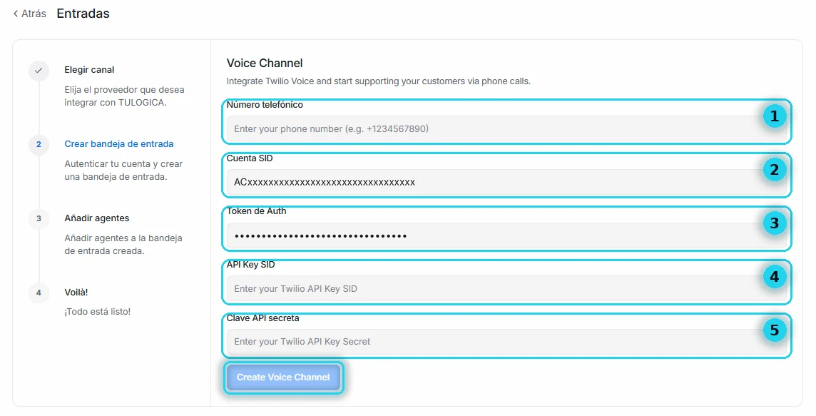 Formulario Voice Channel con los cinco campos numerados y el botón Create Voice Channel señalado