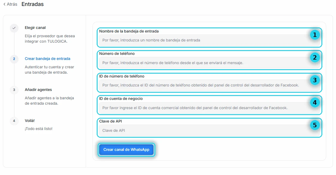 Formulario del canal Llamada de WhatsApp con los cinco campos numerados y el botón Crear canal de WhatsApp señalado