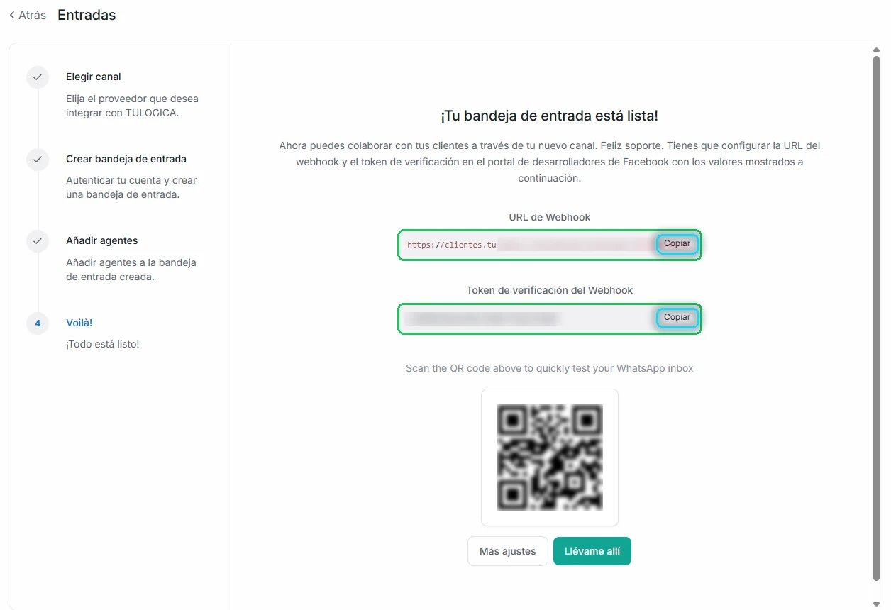 Pantalla final con la URL de Webhook y el Token de verificación en verde y sus botones Copiar en cian
