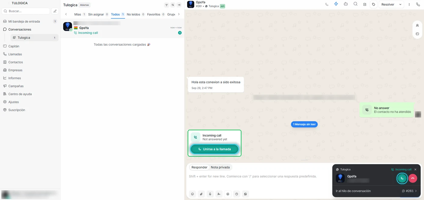 Llamada entrante con la tarjeta Incoming call en verde y los botones Unirse a la llamada y contestar señalados