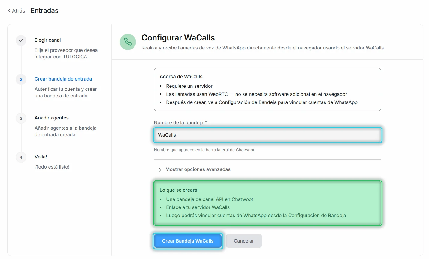 Formulario Configurar WaCalls con el nombre, el resumen Lo que se creará y el botón Crear Bandeja WaCalls señalados