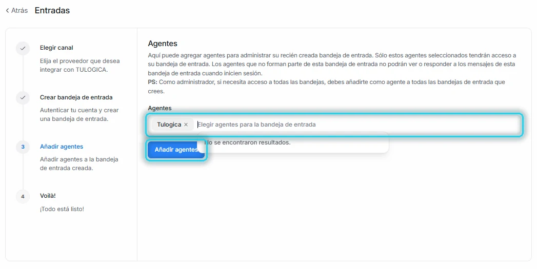Paso Añadir agentes con el selector y el botón Añadir agentes señalados