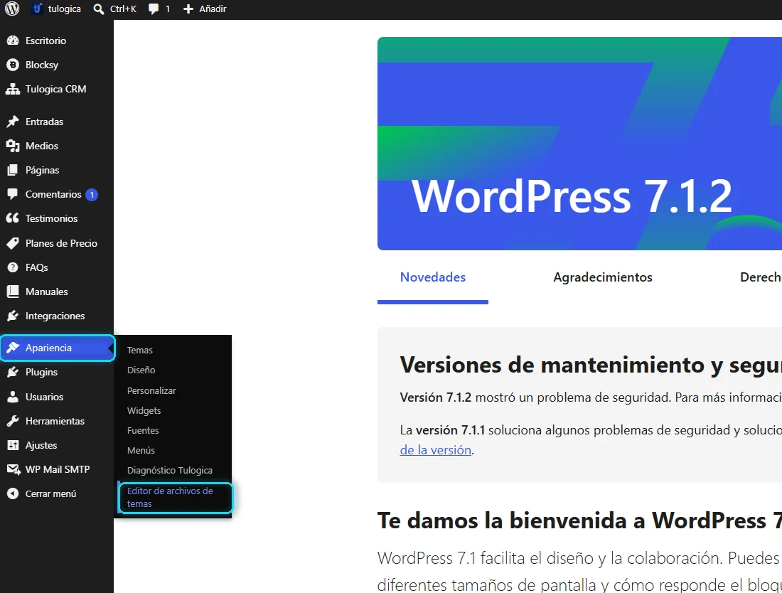 Escritorio de WordPress con Apariencia y Editor de archivos de temas señalados