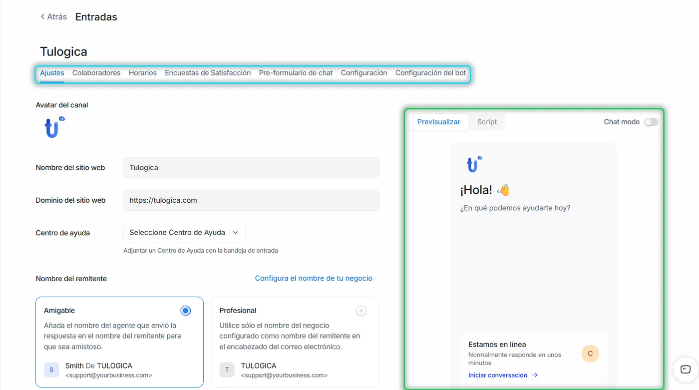 Ajustes de la bandeja del sitio web con las pestañas señaladas y la vista previa del chat en verde