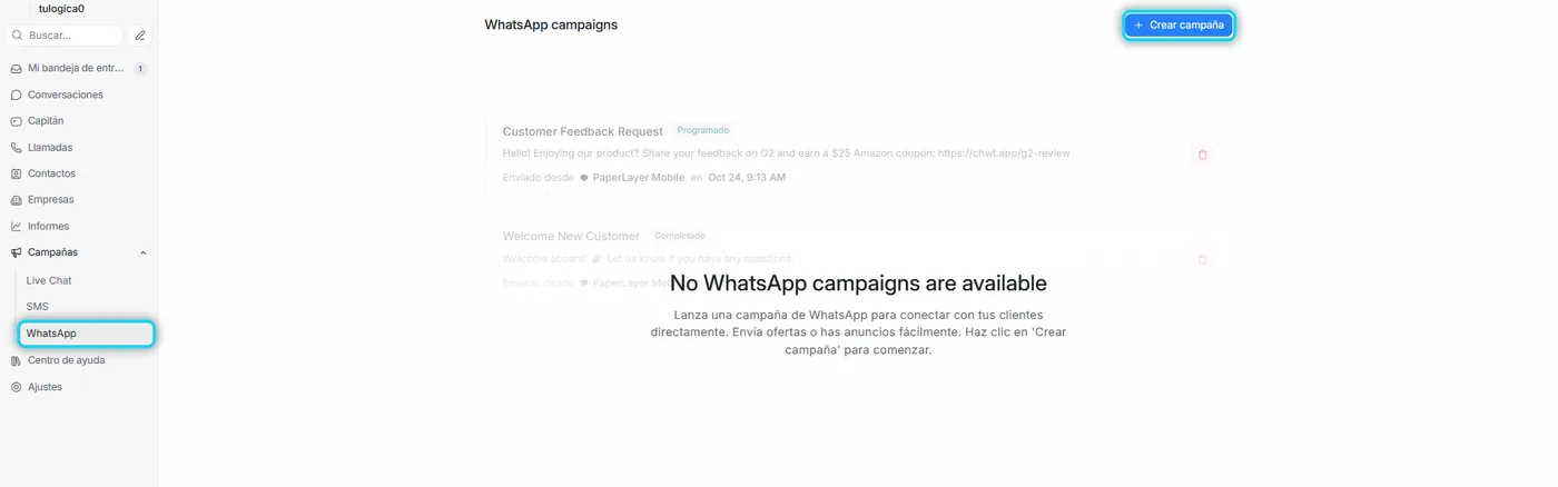 Pantalla WhatsApp campaigns con el menú Campañas, WhatsApp y el botón Crear campaña señalados