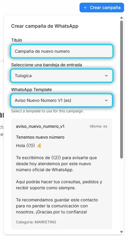 Formulario Crear campaña de WhatsApp con título, bandeja y plantilla señalados y la vista previa del mensaje
