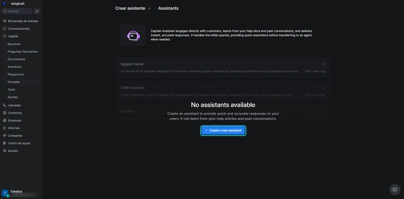Pantalla de asistentes vacía con el botón Create a new assistant señalado