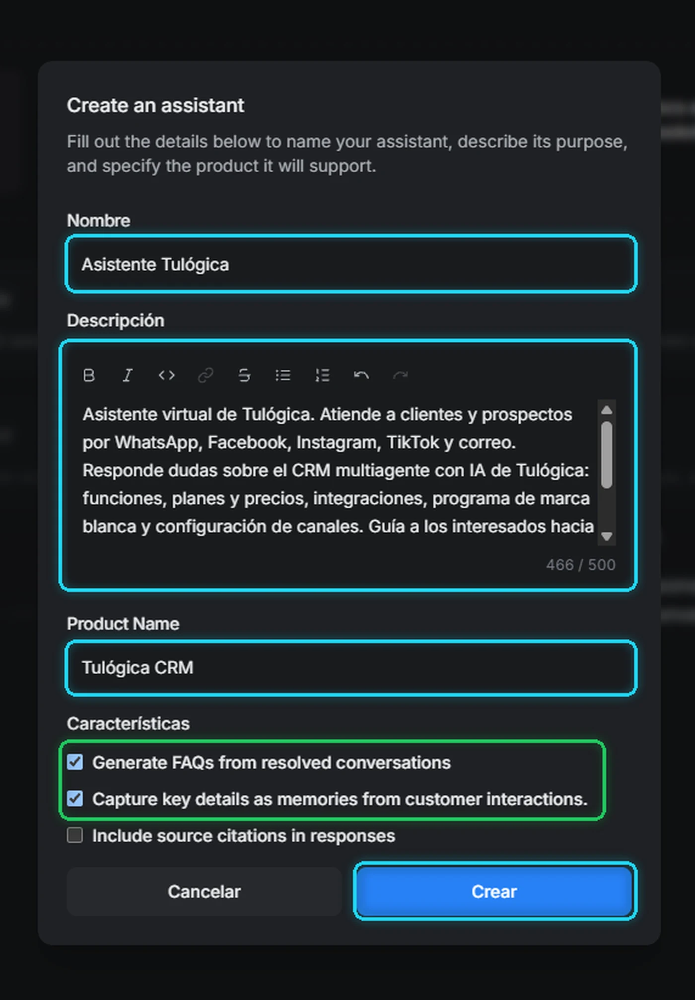 Formulario Create an assistant con Nombre, Descripción, Product Name y las casillas de características señalados