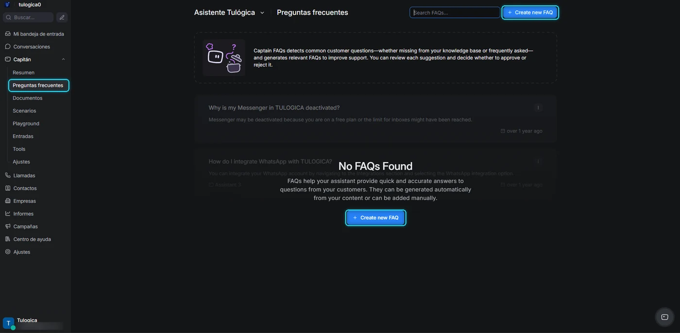 Sección Preguntas frecuentes vacía, con el menú lateral y los dos botones Create new FAQ señalados