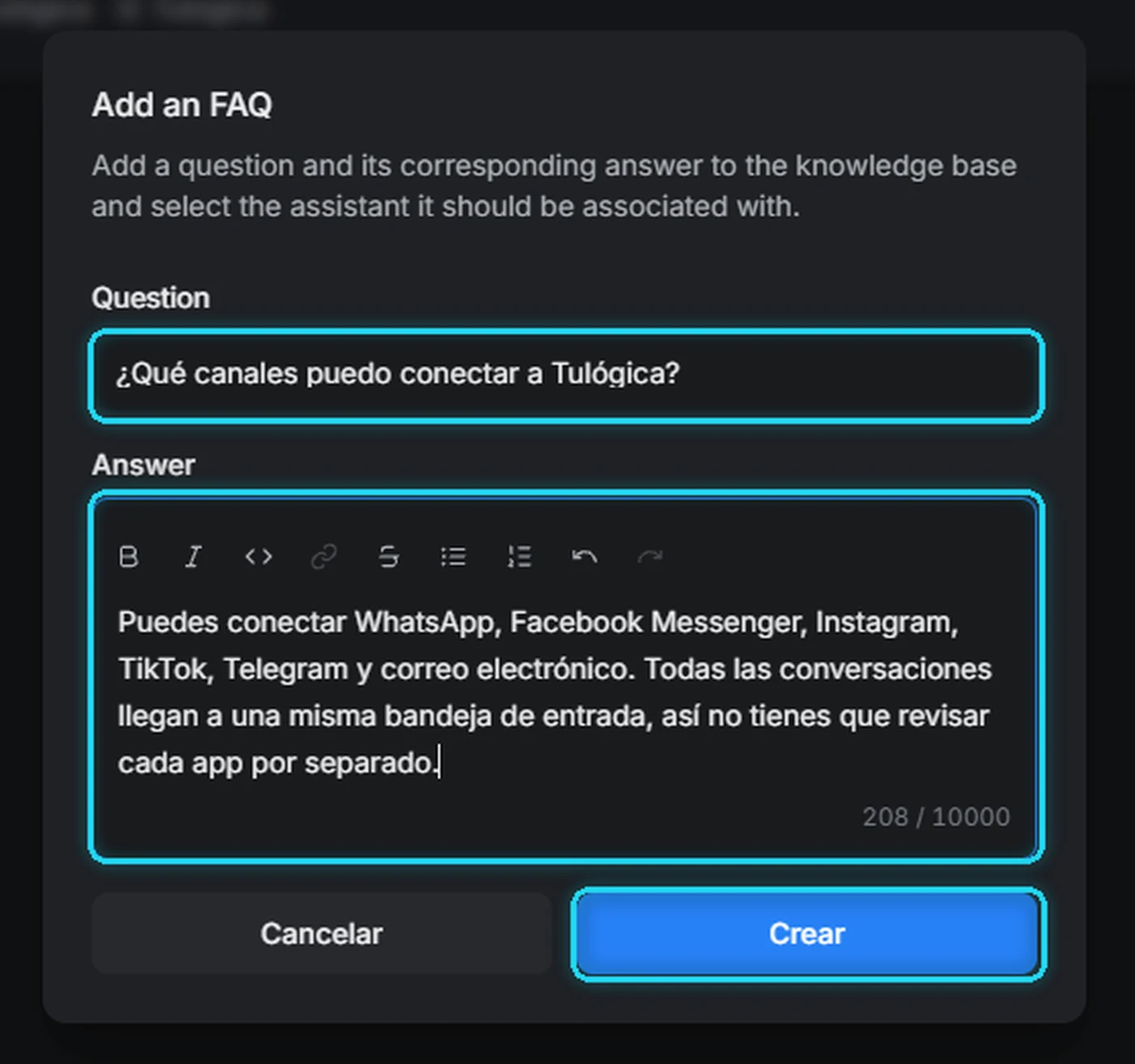 Ventana Add an FAQ con los campos Question y Answer rellenados y el botón Crear señalado