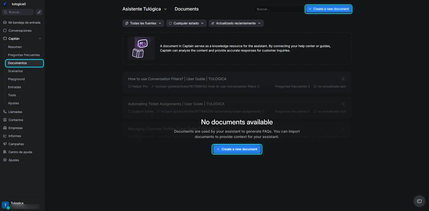 Sección Documentos vacía con el menú lateral y los botones Create a new document señalados