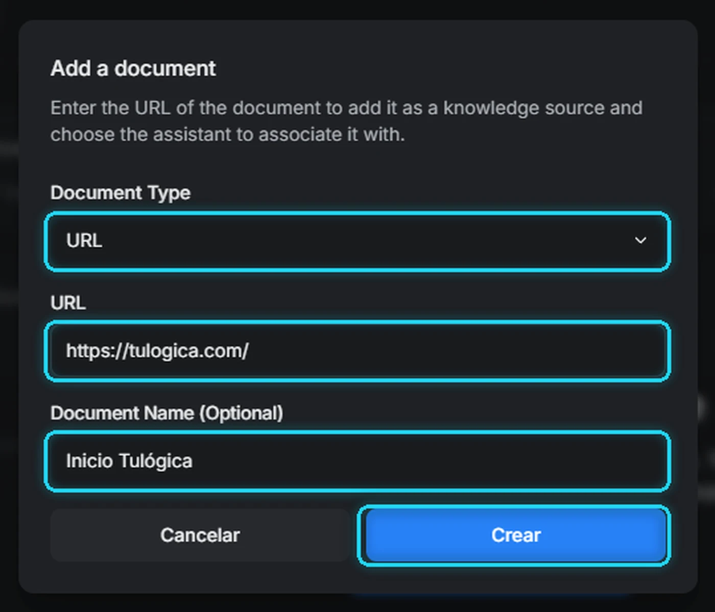 Ventana Add a document con el tipo URL, la dirección de la página de inicio y el nombre del documento señalados