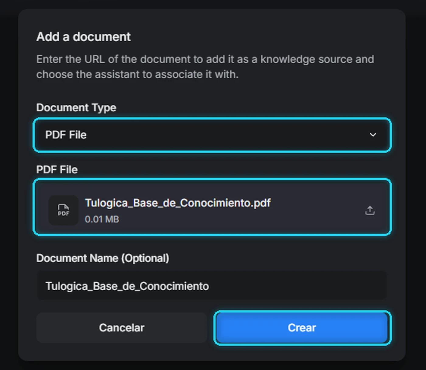 Ventana Add a document con el tipo PDF File y un archivo cargado