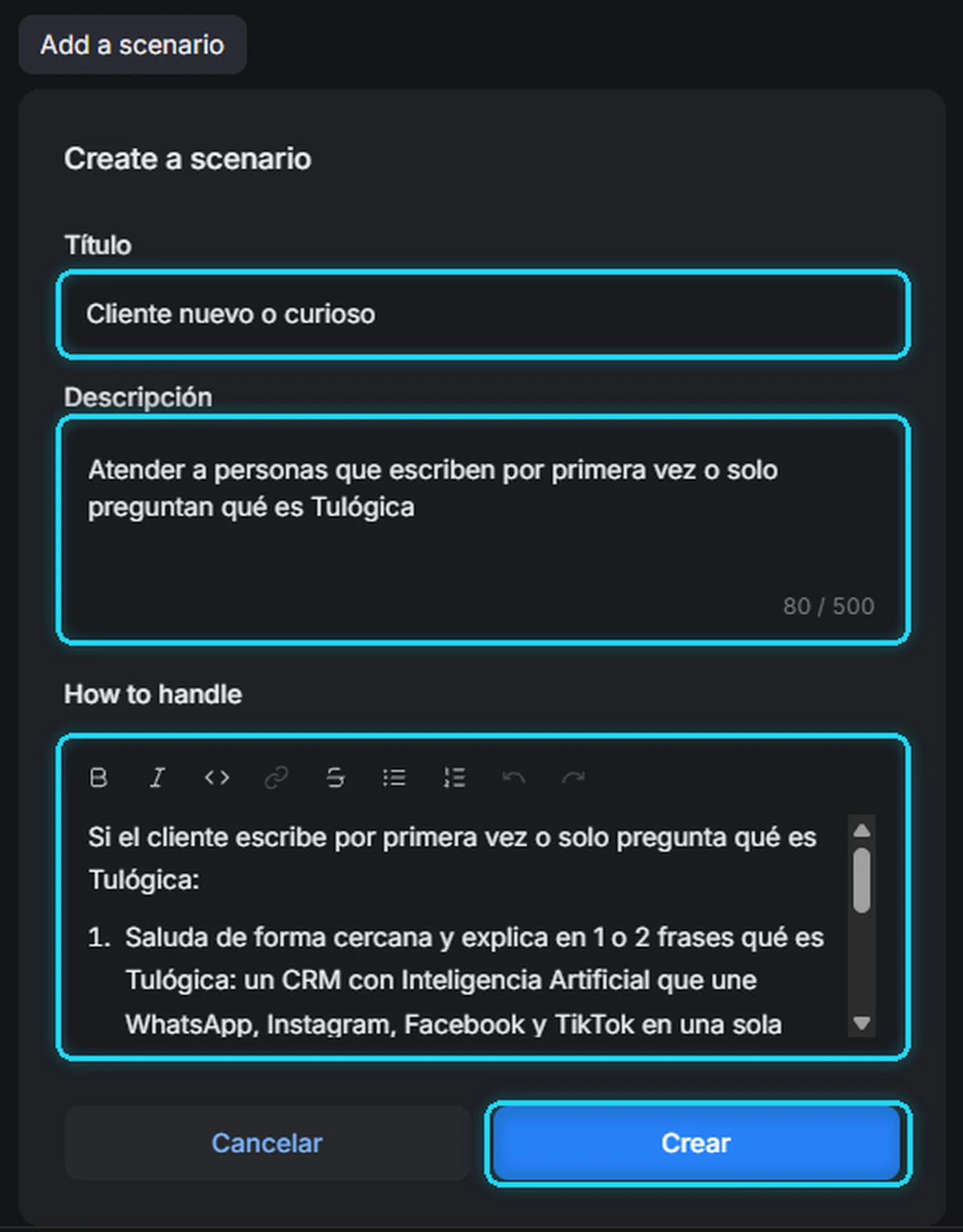 Ventana Create a scenario con Título, Descripción y How to handle señalados