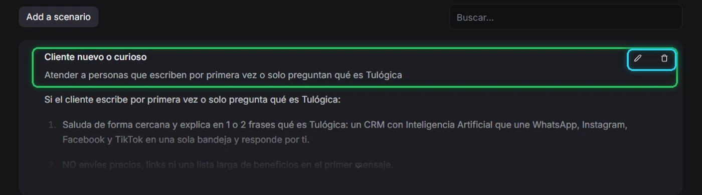 Escenario ya guardado en la lista, con los iconos de editar y borrar señalados