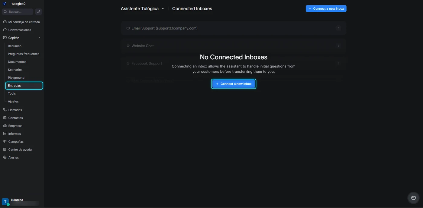 Sección Entradas de Capitán vacía, con el menú lateral y el botón Connect a new inbox señalados