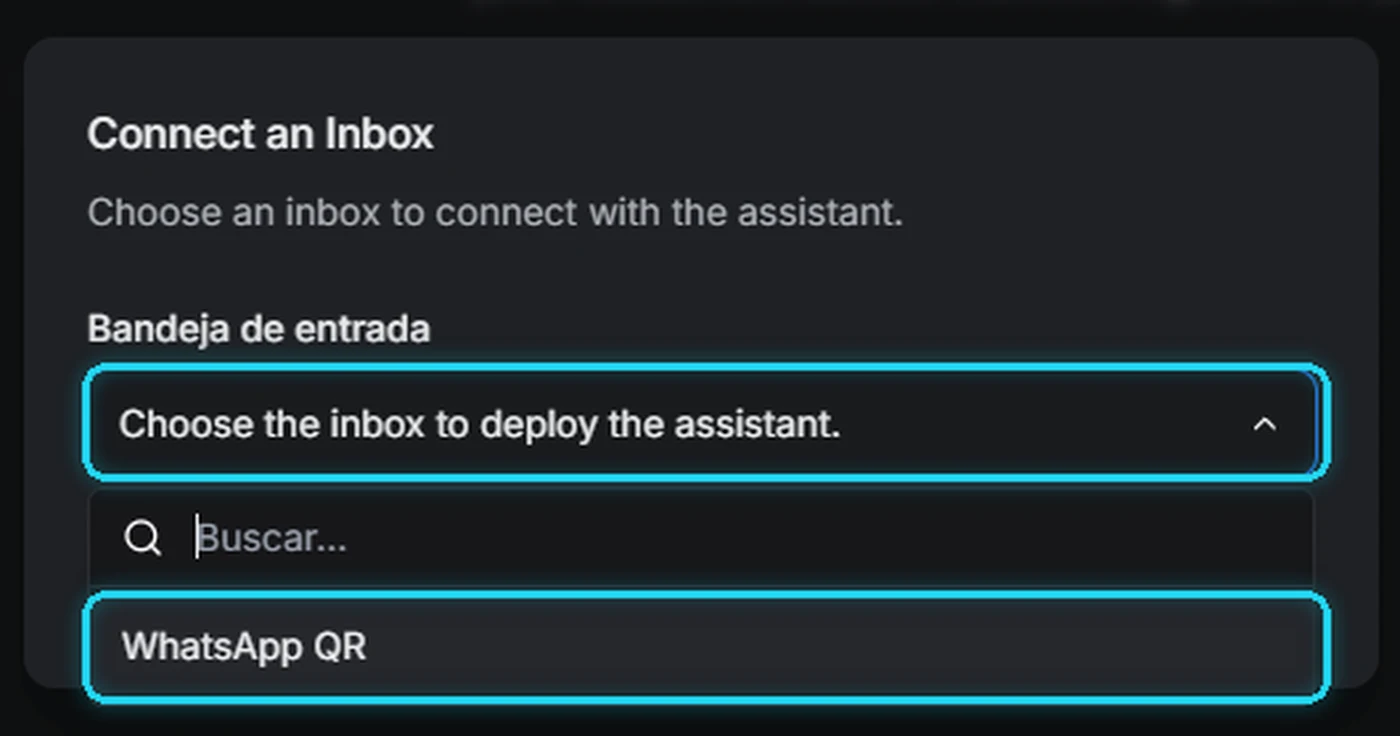 Desplegable Connect an Inbox mostrando las bandejas disponibles