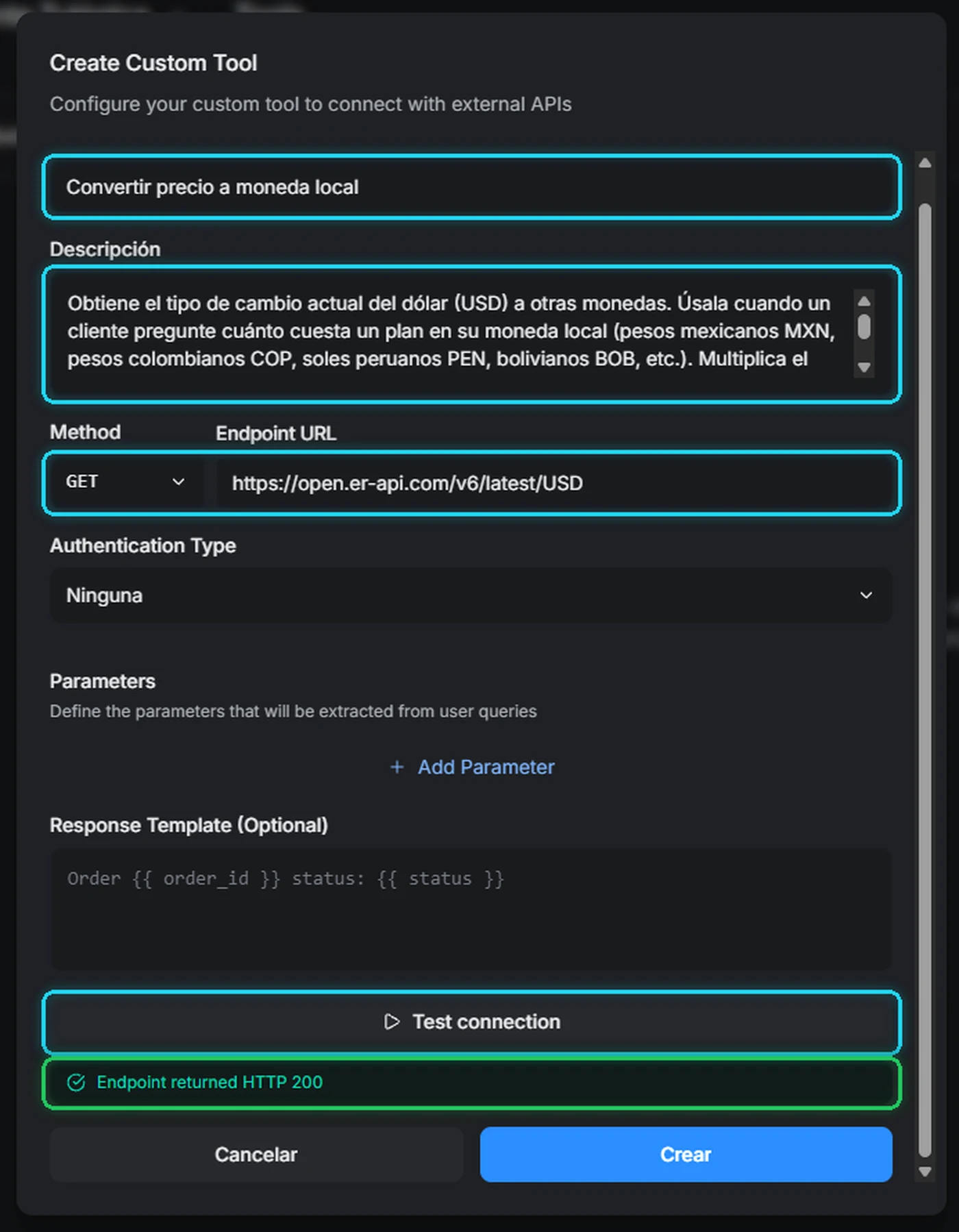 Ventana Create Custom Tool con nombre, descripción, método, dirección y el resultado de la prueba de conexión señalados