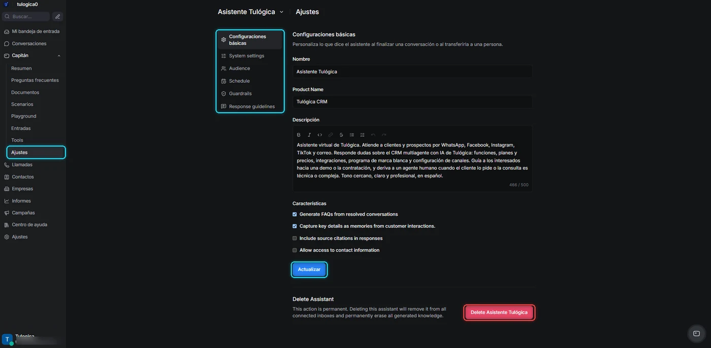 Pestaña Configuraciones básicas con las pestañas laterales, el botón Actualizar y el borrado del asistente señalados