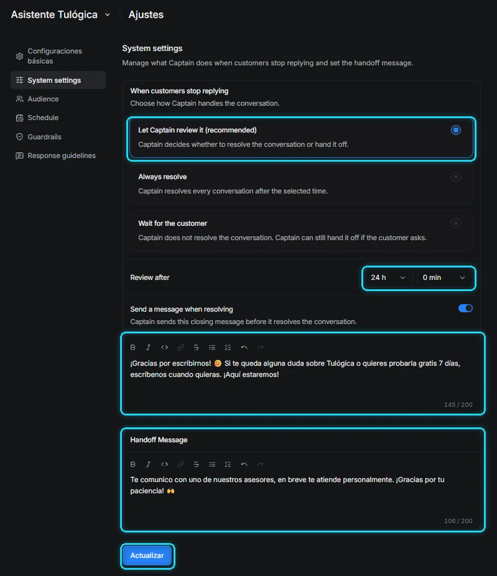 Pestaña System settings con la opción recomendada, el tiempo de revisión y los dos mensajes señalados