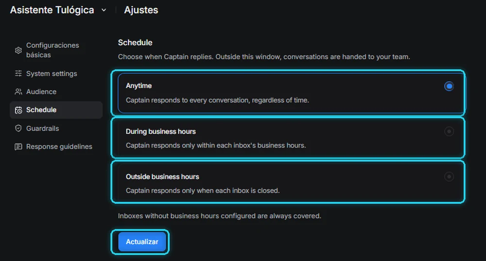 Pestaña Schedule con las tres opciones de horario señaladas