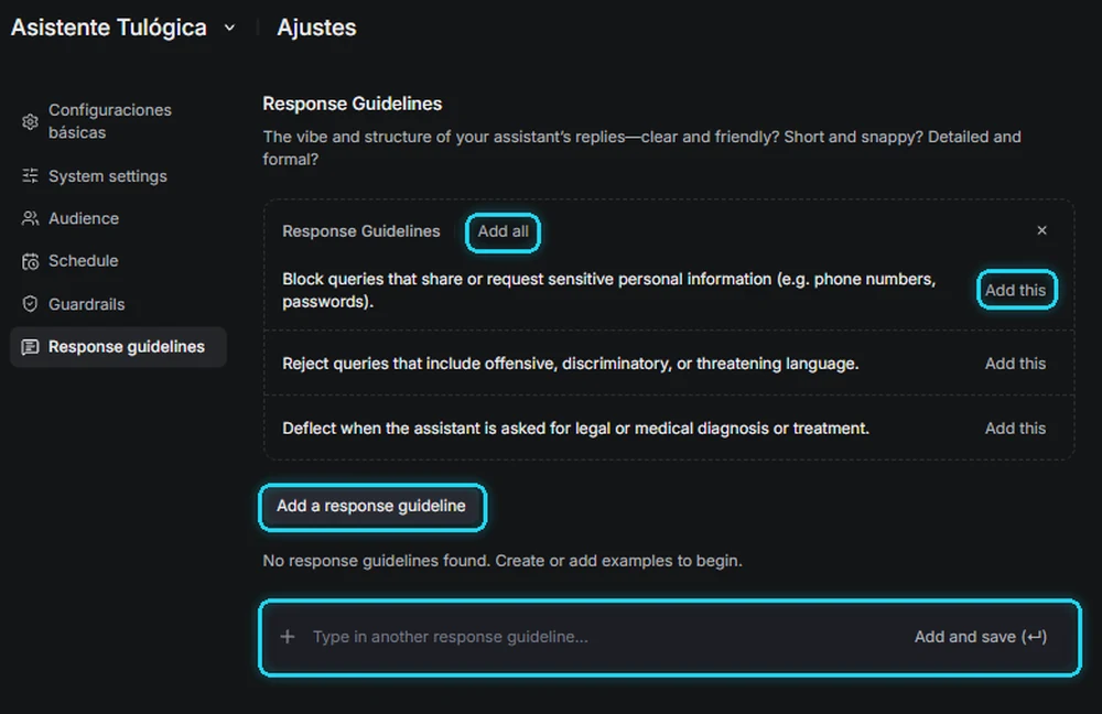 Pestaña Response Guidelines vacía con los botones de añadir señalados