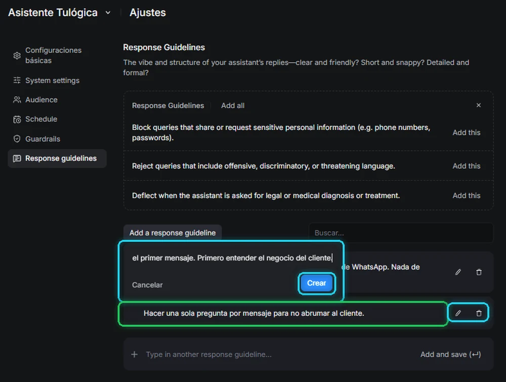 Pestaña Response Guidelines con la ventana de creación abierta y reglas de estilo ya guardadas