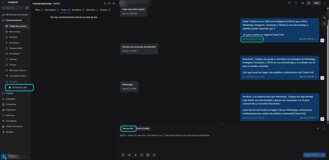Conversación real en el CRM: el asistente respondiendo, con la marca Generado por Captain y la pestaña Responder señaladas