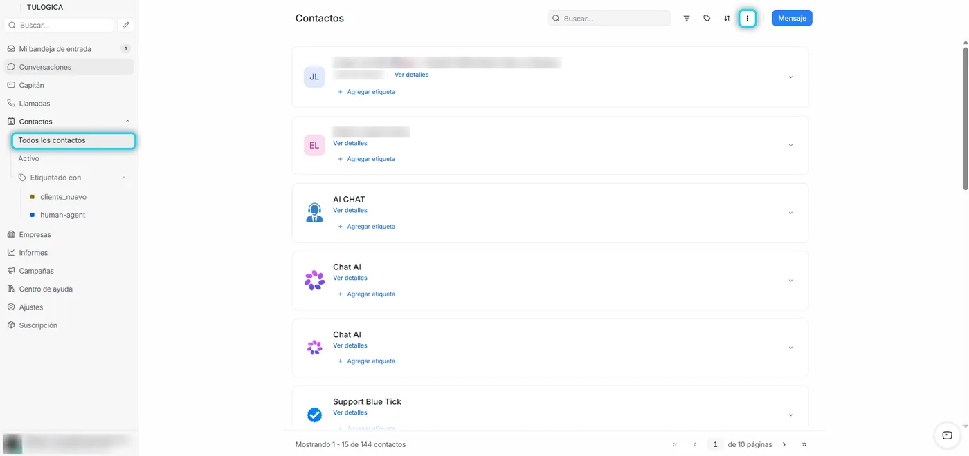 Pantalla de Contactos con Todos los contactos y el botón de tres puntos señalados