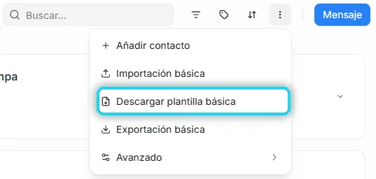Menú de tres puntos con la opción Descargar plantilla básica señalada