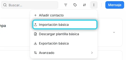 Menú de tres puntos con la opción Importación básica señalada