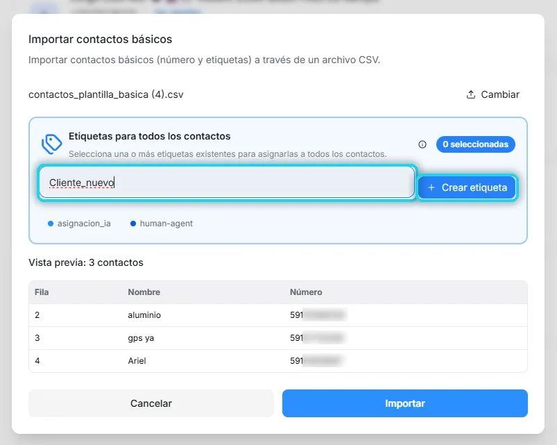 Ventana de importación con el nombre de una nueva etiqueta escrito y el botón Crear etiqueta señalados