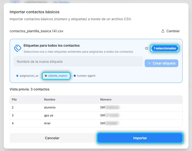 Ventana de importación con la etiqueta cliente_nuevo elegida, el contador 1 seleccionadas y el botón Importar señalados