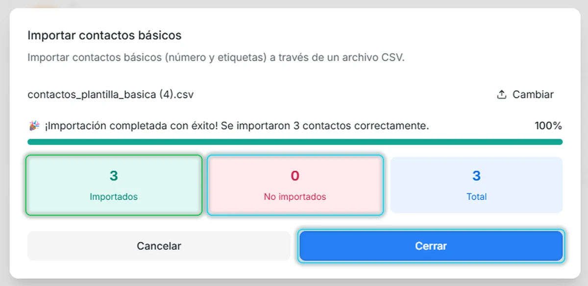 Ventana de importación terminada: 3 importados, 0 no importados y el botón Cerrar señalados