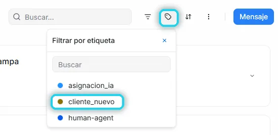 Filtro por etiqueta abierto con la etiqueta cliente_nuevo señalada