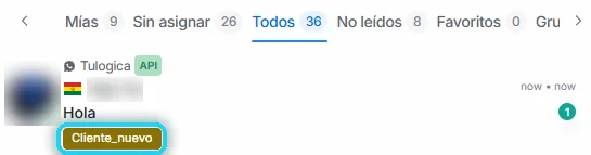 Conversación de un contacto importado que volvió a escribir, con la etiqueta Cliente_nuevo señalada