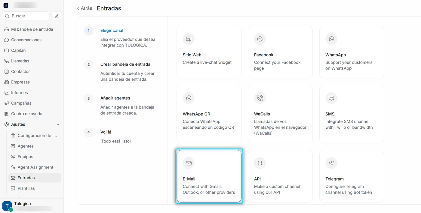 Cuadrícula de canales con la tarjeta E-Mail señalada