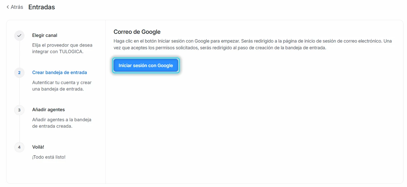 Pantalla Correo de Google con el botón Iniciar sesión con Google señalado