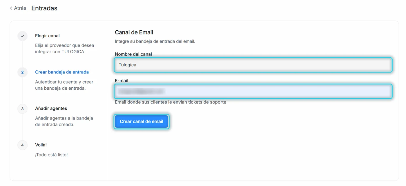 Formulario Canal de Email con Nombre del canal, E-mail y el botón Crear canal de email señalados